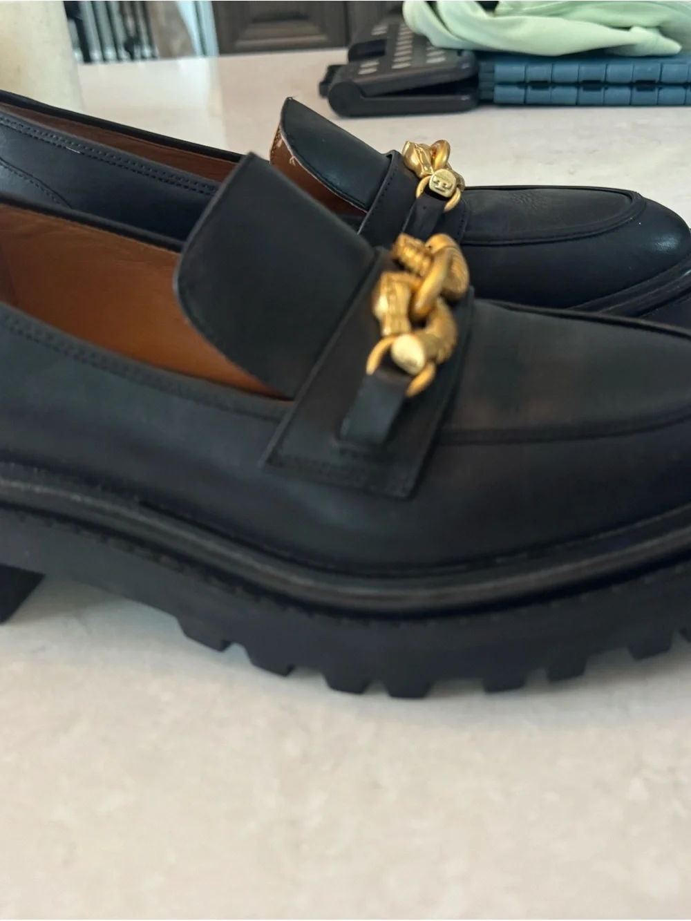 Tory Burch Jessica Lug Sole Loafers with Gold Chain Detail